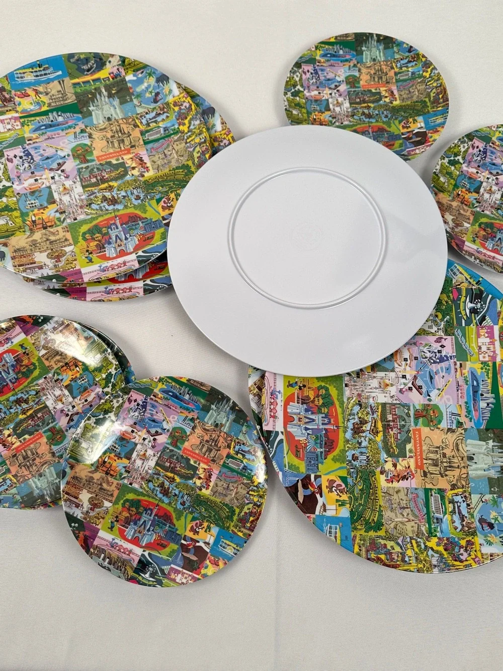 10 Disney Vintage Map EUC White Melamine Plates with Castle Logo